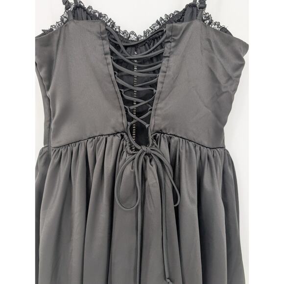 Black Satin Whimsigoth Renaissance Dark Fairy Corset Lace Up Regency Dress Large - Picture 4 of 10